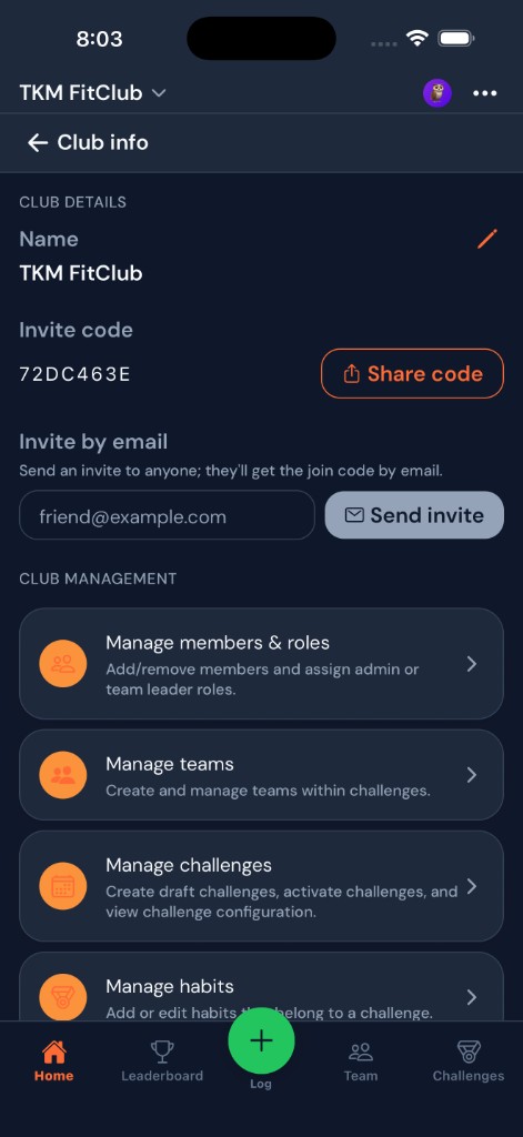 Club info: details, invite code, share, email invite, manage members, teams, challenges, habits