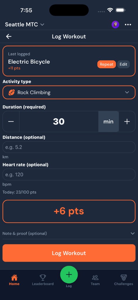 Log Workout screen with activity type, duration, and points preview