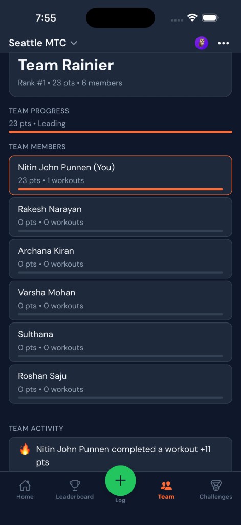 Team current round: rank, points, members, and activity