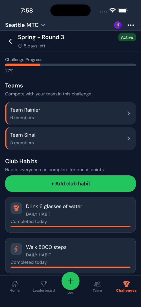 Challenge detail with teams and club habits for bonus points